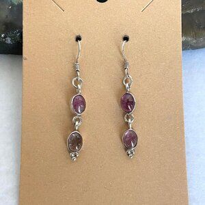 Sterling Silver 925 Dainty Oval Pink Tourmaline Multistone Dangle Drop Earrings